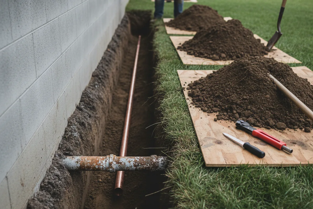 Excavated water line trench during Water Heater Repair in Newton